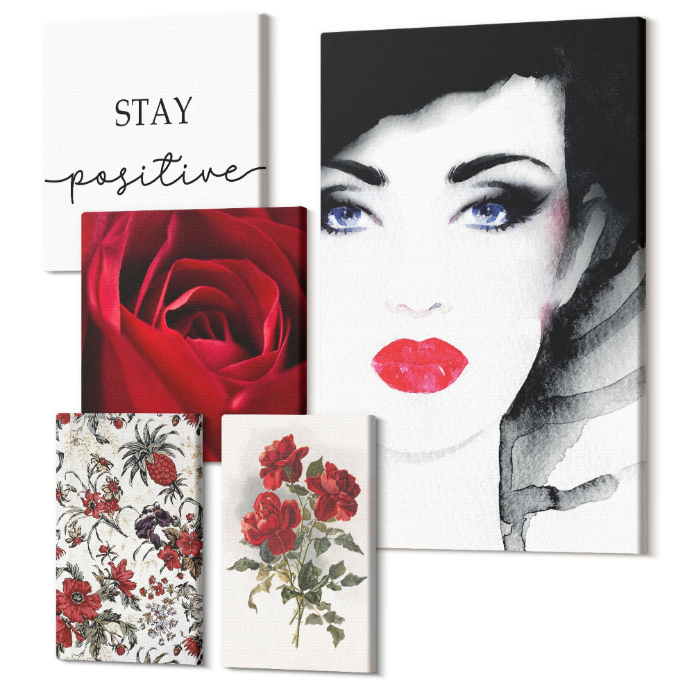 Sada obrazov pentaptych Ženské portréty a vintage kvetinové motívy