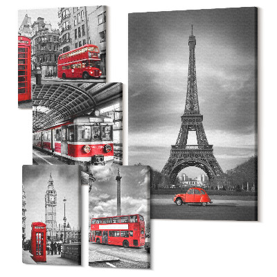 Sada obrazov pentaptych Štýlové panorámy miest s ikonickými pamiatkami Londýna a Paríža