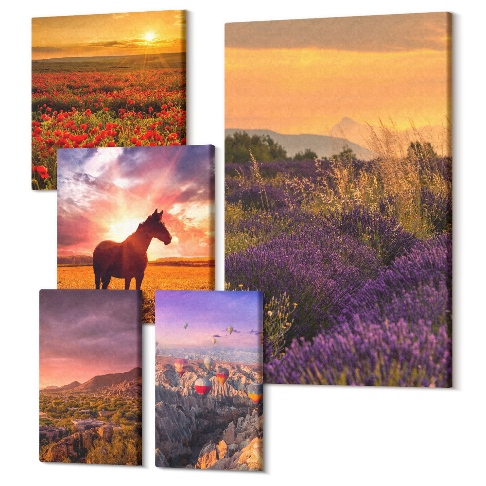 Sada 5 obrazov Vonkajšie prírodné krajiny s koňmi a kvetmi