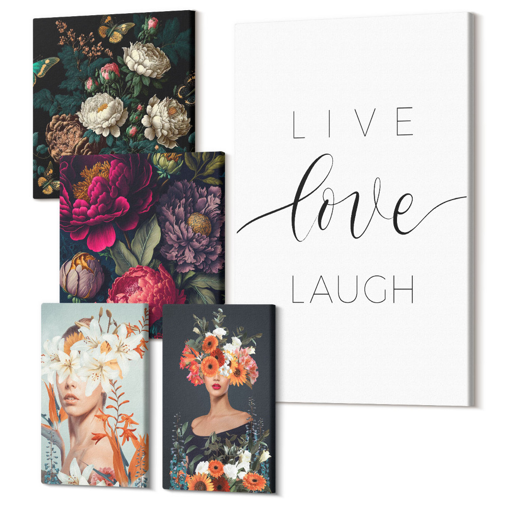 Sada obrazov pentaptych Kvetinové inšpirácie s motivačnými sloganmi do interiéru
