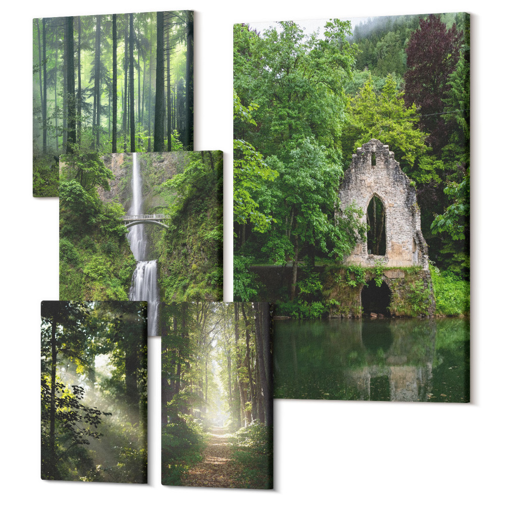 Sada obrazov na stenu pentaptych Zelené lesy a vodopády v prírodnom prostredí