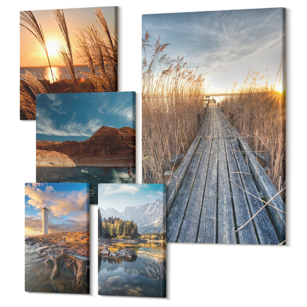 Sada obrazov pentaptych Prírodná krajina s vodou a vegetáciou pozdĺž trasy