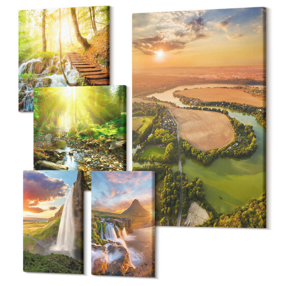 Sada 5 obrazov Prírodná krajina s vodopádmi a zelenými údoliami