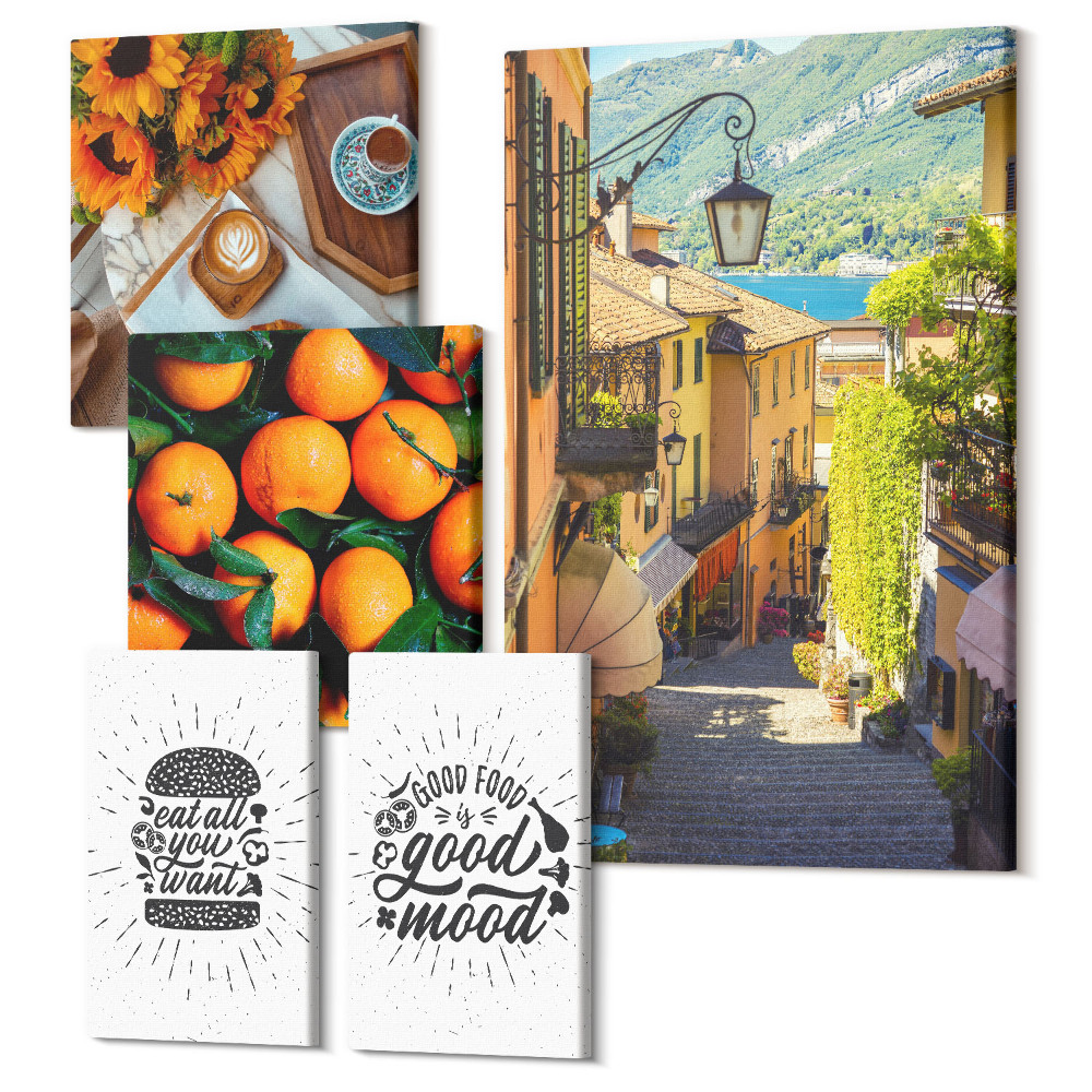 Sada obrazov pentaptych Atmosféra kaviarne, výhľad na ulicu a lahodné akcenty
