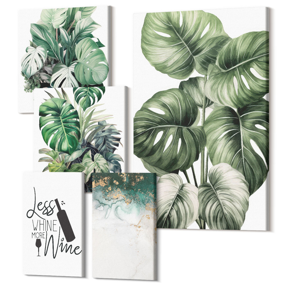 Sada obrazov pentaptych Rastlinné motívy s citátmi a abstraktnými akcentmi