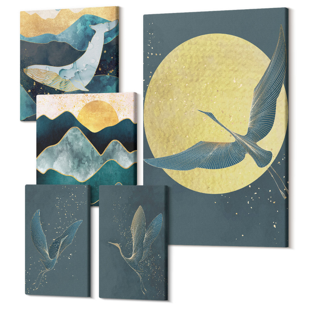 Sada obrazov pentaptych Vtáky v lete a horské krajiny v modernom štýle