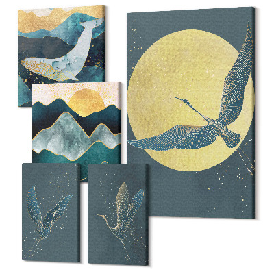 Sada obrazov pentaptych Vtáky v lete a horské krajiny v modernom štýle