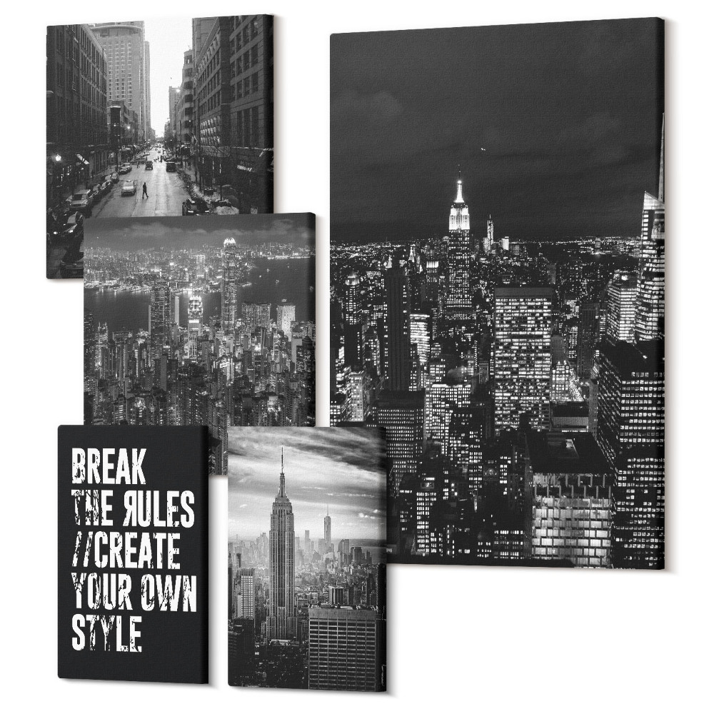 Sada obrazov pentaptych Pohľady na New York v čiernej a bielej farbe s inšpirujúcimi sloganmi
