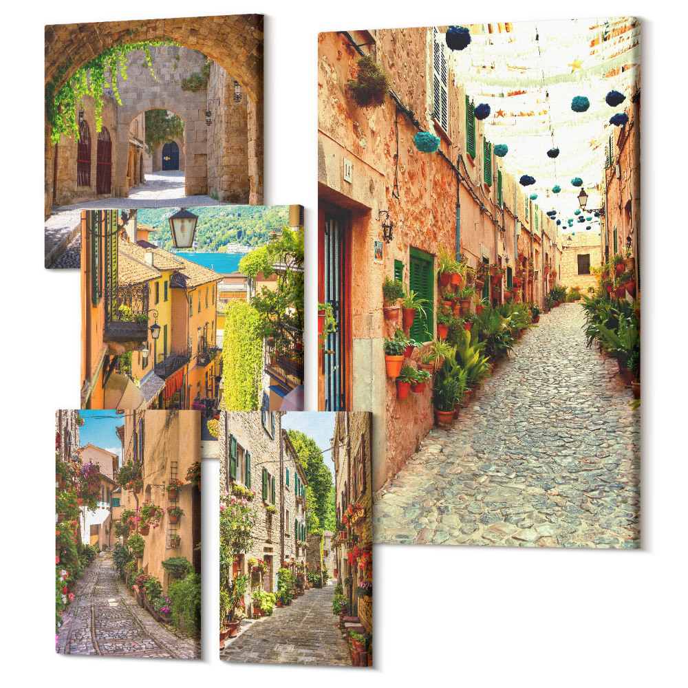 Sada 5 obrazov Očarujúce ulice so zelenými rastlinami v mestách