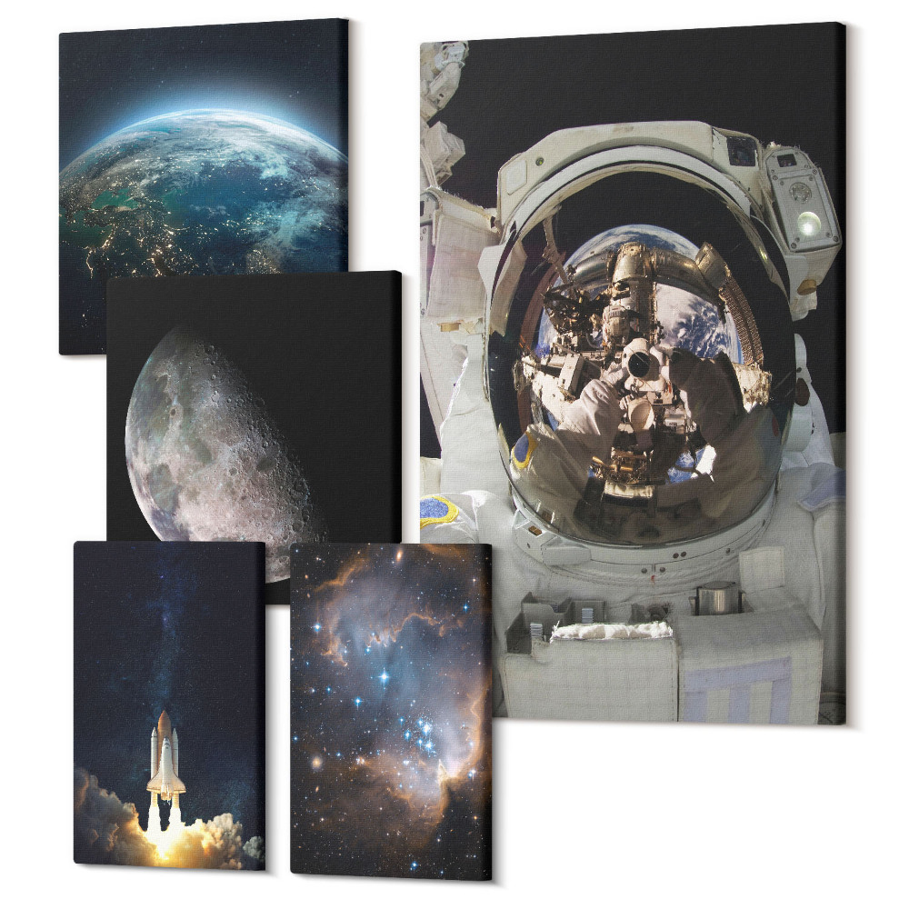 Sada 5 obrazov Pohľady na objavovanie vesmíru s astronautmi a planétami