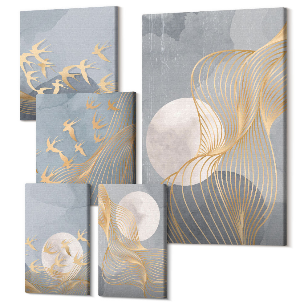 Sada obrazov na stenu pentaptych Abstraktné kompozície s vlnami a vtákmi v pohybe