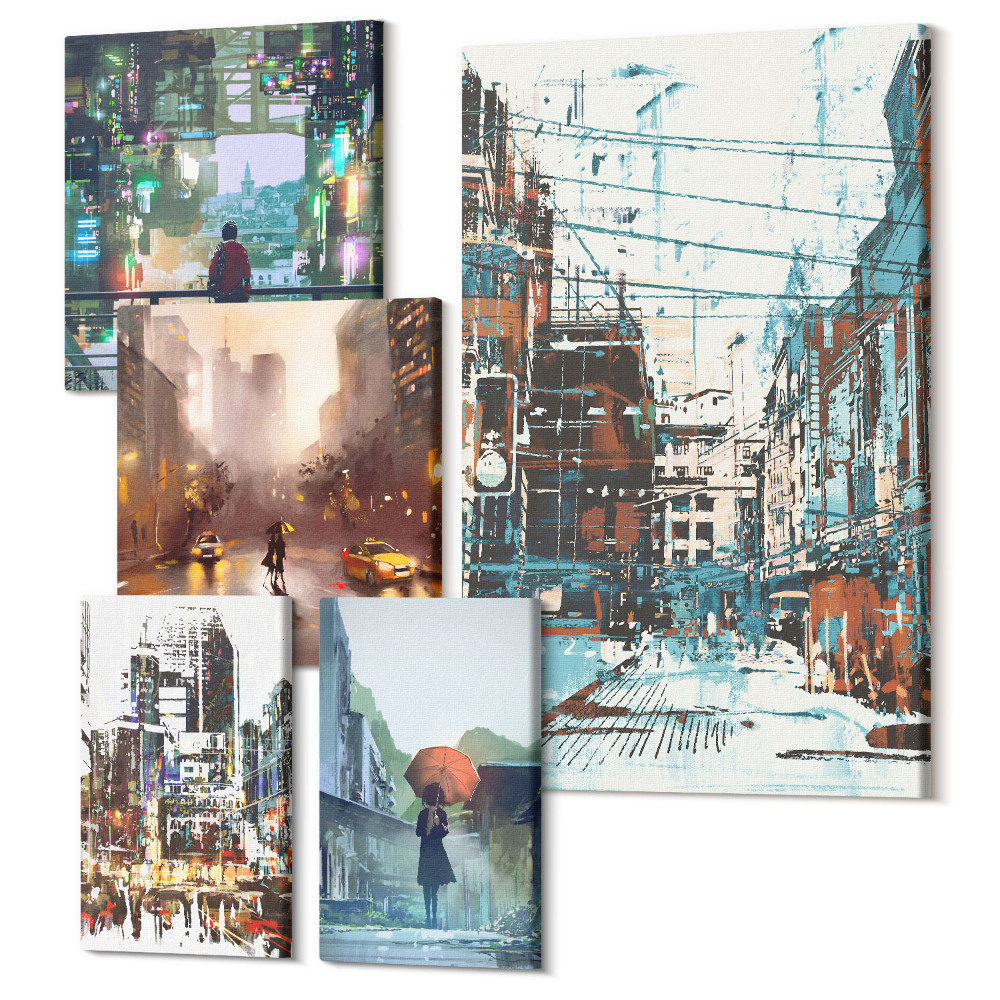 Sada obrazov pentaptych Moderné panorámy mesta s ulicami a postavami