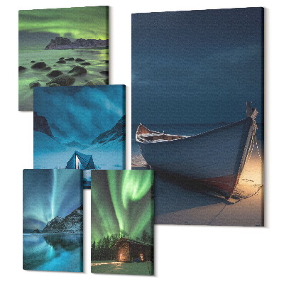 Sada 5 obrazov Zimná krajina s polárnou žiarou a nočnou oblohou