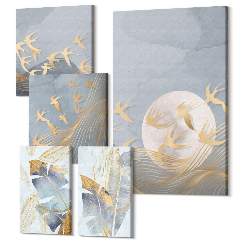 Sada obrazov pentaptych Štýlové akcenty s motívom vtákov a listov v odtieňoch sivej