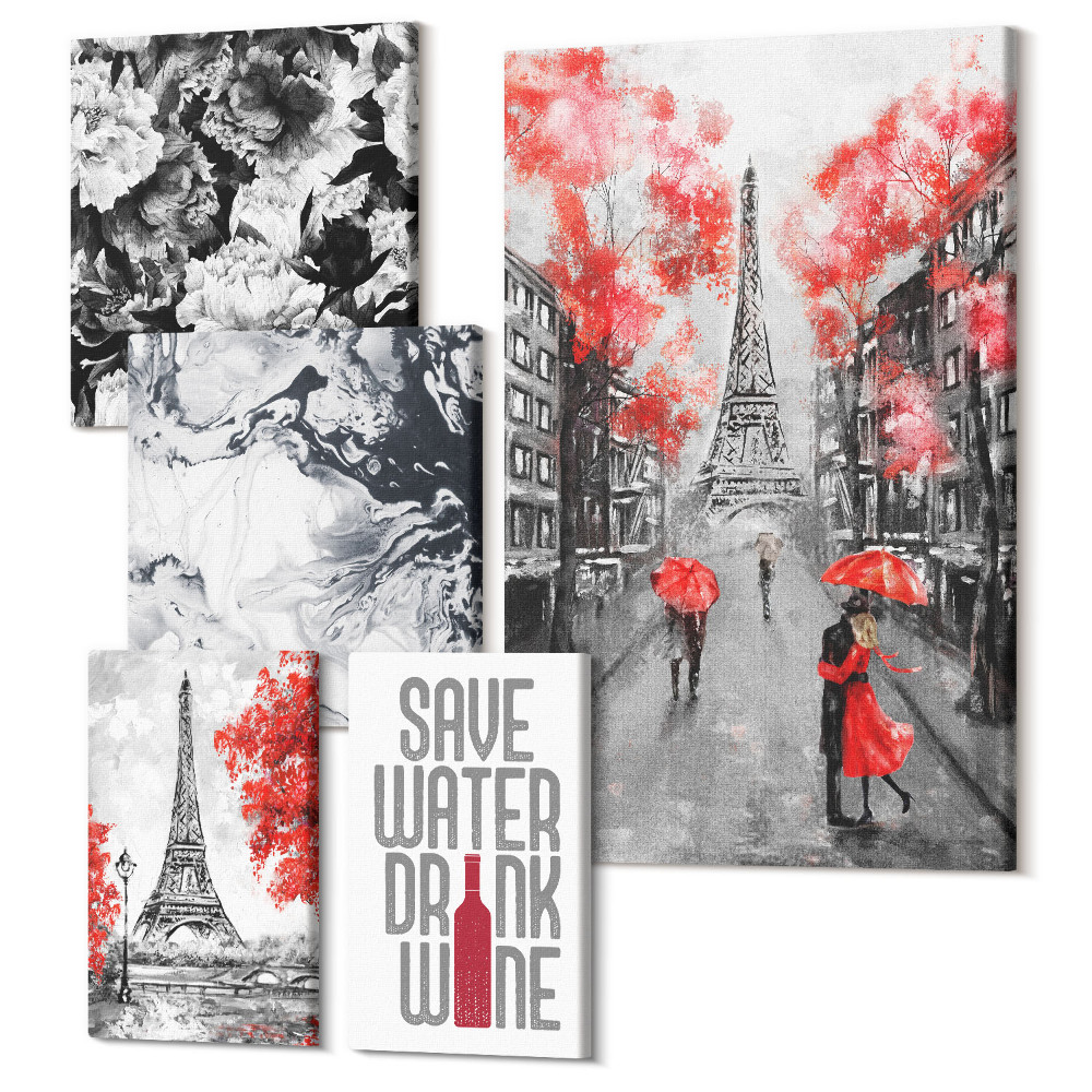 Sada obrazov pentaptych Parížske pohľady s kvetmi a abstraktnými vzormi