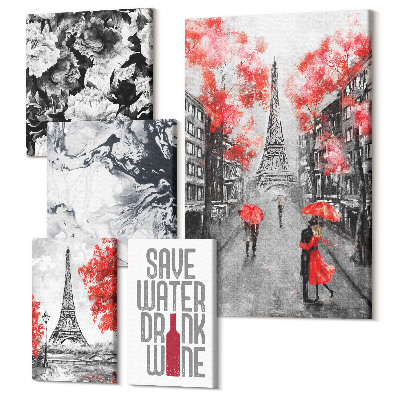 Sada obrazov pentaptych Parížske pohľady s kvetmi a abstraktnými vzormi