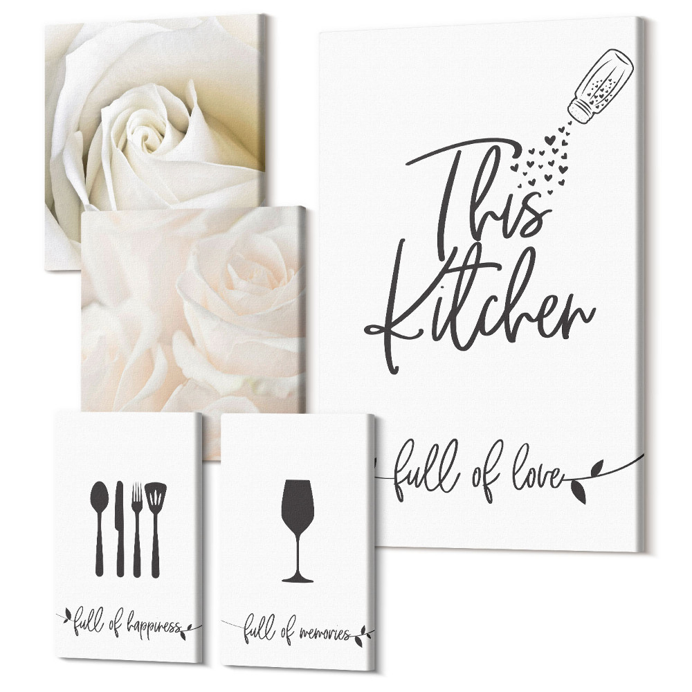 Sada 5 obrazov Štýlová dekorácia do kuchyne s rastlinnými motívmi a nápismi