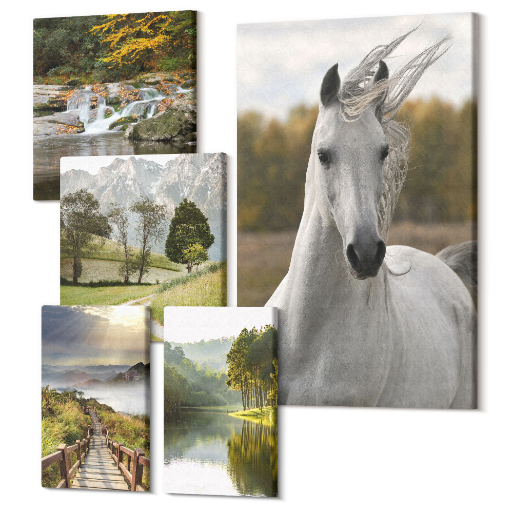 Sada obrazov pentaptych Prírodná krása krajiny a zvierat v harmónii