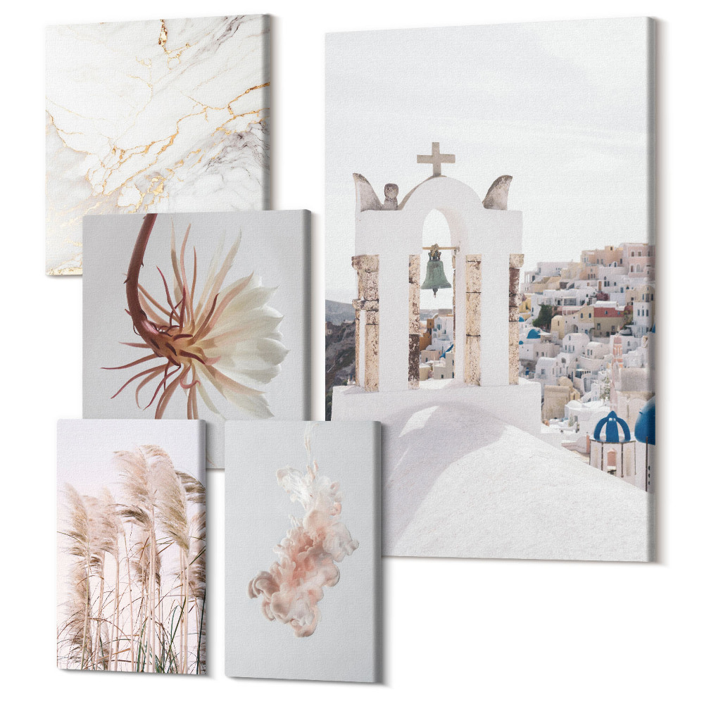 Sada obrazov pentaptych Štýlové pohľady na architektúru a prírodu v pasteloch