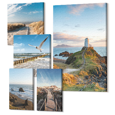 Sada 5 obrazov Pohľad na more s majákmi a plážami v pozadí