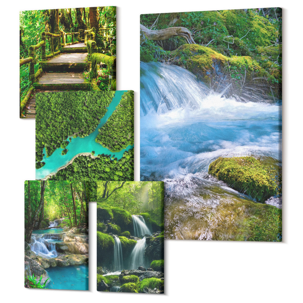 Sada 5 obrazov Zelené oázy pokoja, vodopády a potôčiky v lese