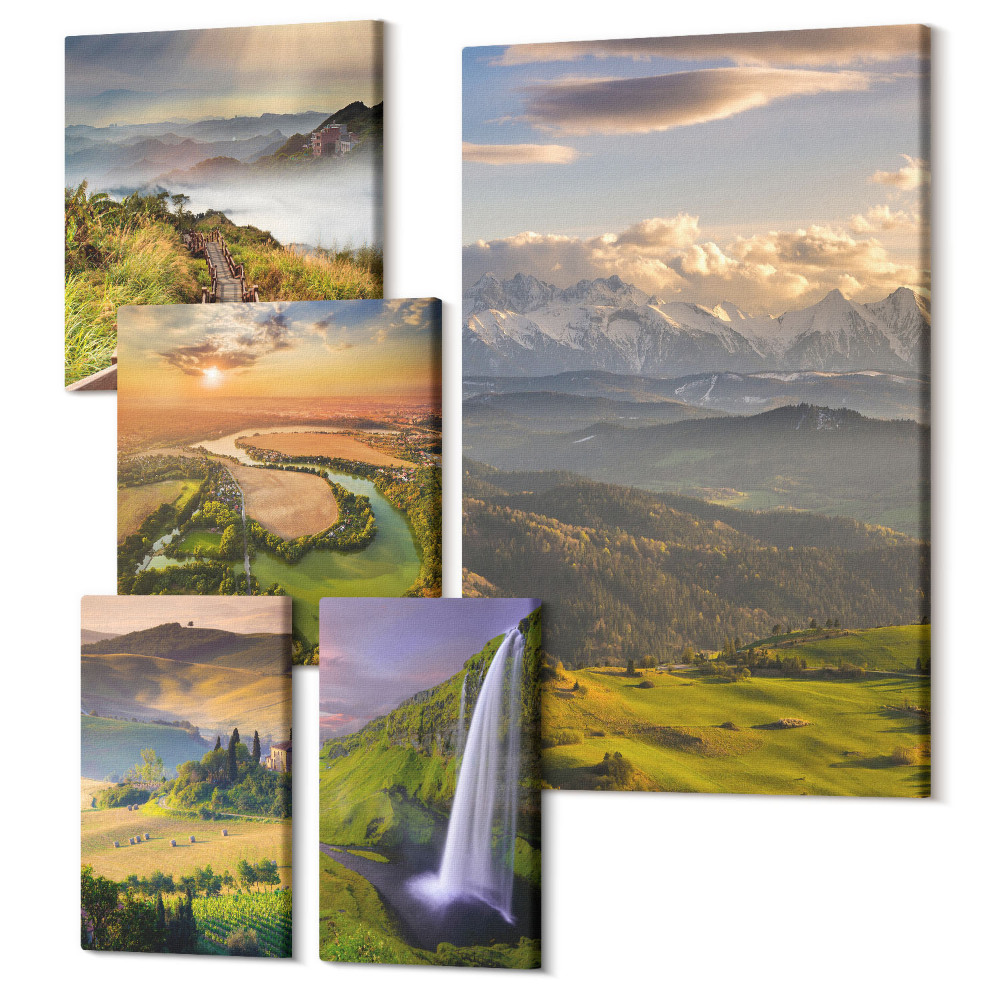 Sada obrazov pentaptych Horská krajina a vodopády v malebnom prostredí