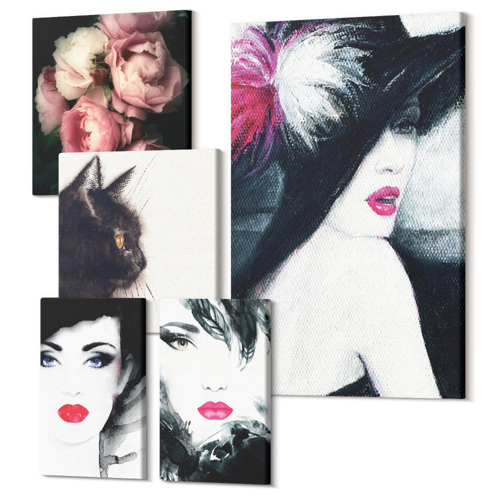 Sada obrazov na stenu pentaptych Štýlové portréty žien s ružami a mačkou