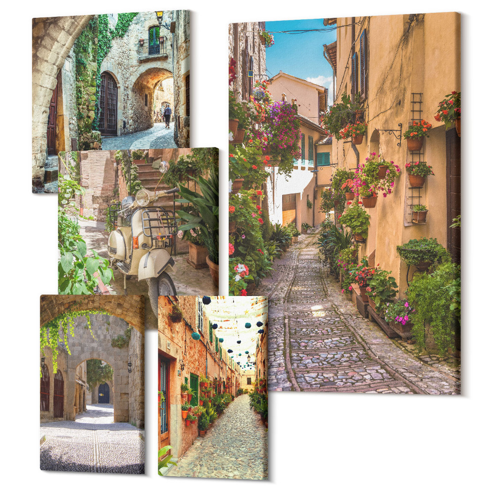 Sada 5 obrazov Očarujúce uličky s kvetmi v talianskom a stredomorskom štýle