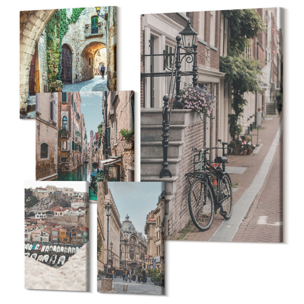Sada 5 obrazov Očarujúce uličky európskych miest s bicyklami a kanálmi