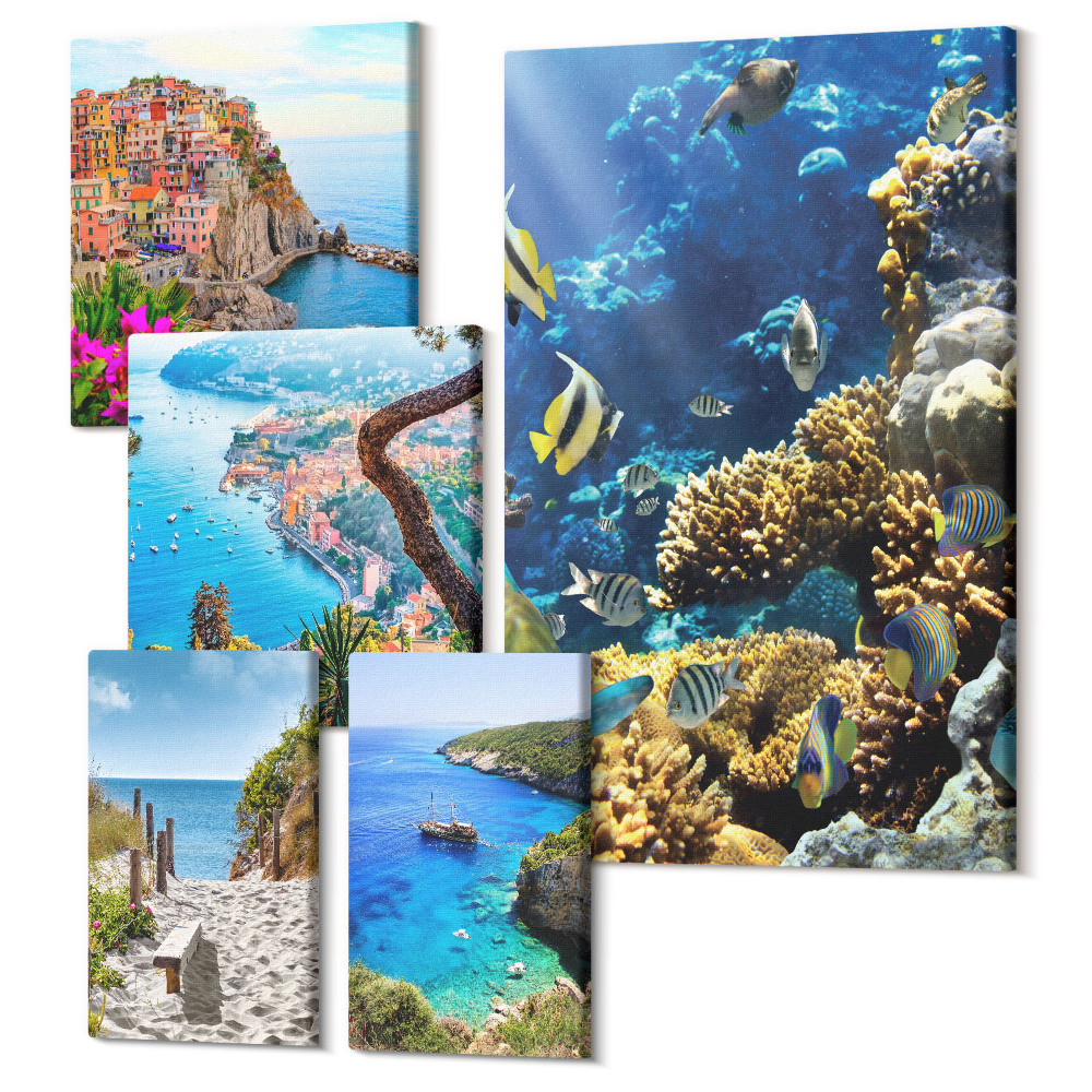 Sada 5 obrazov Prímorská krajina s farebnými rybami a plážami