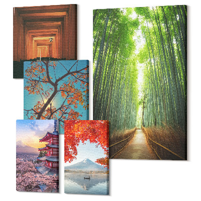 Sada obrazov pentaptych Krajiny Japonska s bambusom a jarnými kvetmi