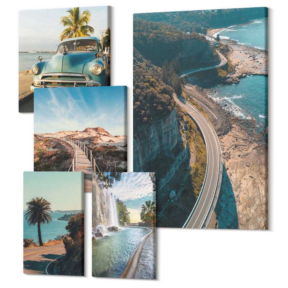 Sada obrazov na stenu pentaptych Cestujte krajinou s autami a prírodou