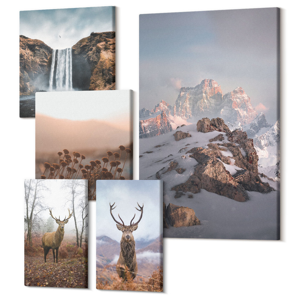 Sada 5 obrazov Horská krajina s divokou zverou a zvieratami