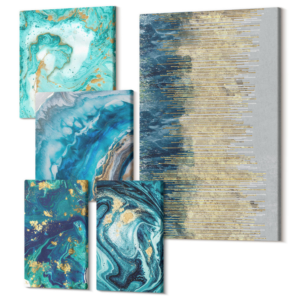 Sada obrazov pentaptych Abstraktné kompozície v odtieňoch modrej a zelenej