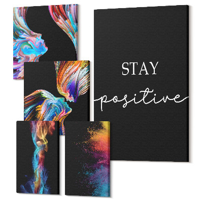 Sada 5 obrazov Farebné abstrakty s pozitívnymi sloganmi na čiernom pozadí