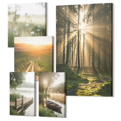 Sada 5 obrazov Lesná krajina so slnečnými lúčmi a pokojnými vodami