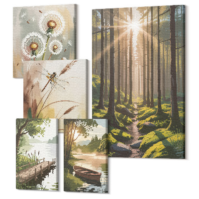 Sada obrazov pentaptych Lesná krajina s prírodou a pokojom v pozadí