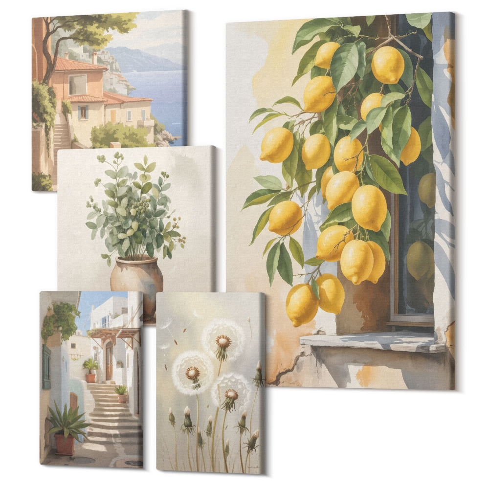 Sada 5 obrazov Citrusové akcenty a botanické motívy v stredomorskom štýle