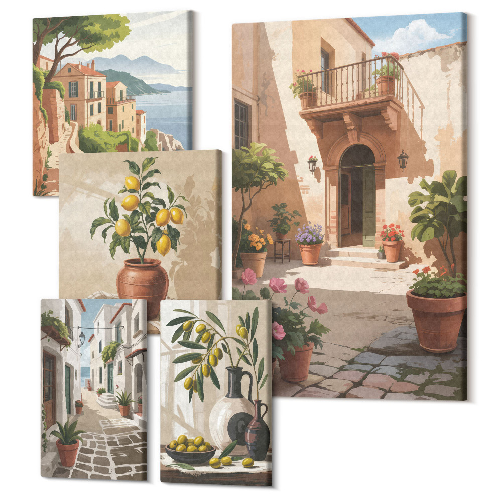 Sada obrazov pentaptych Útulné uličky a kvetinové akcenty v stredomorskom štýle