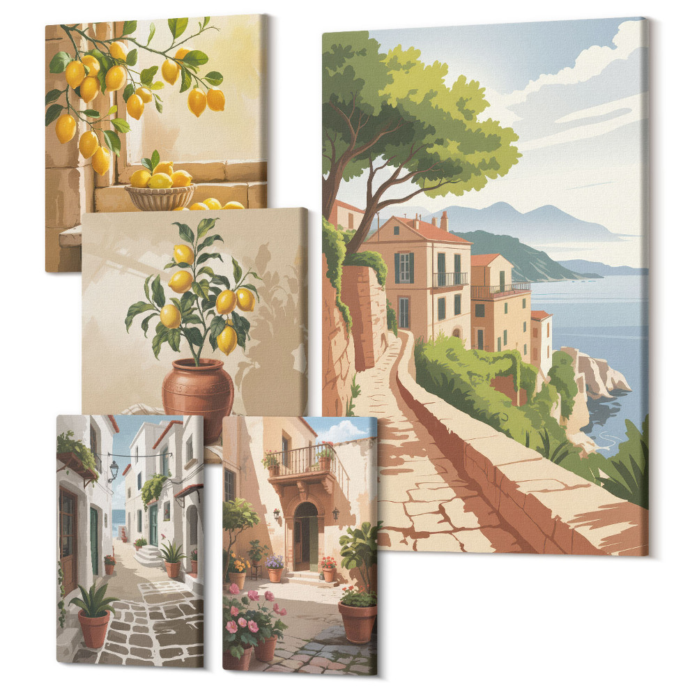 Sada 5 obrazov Očarujúce výhľady na stredomorské uličky a prírodu
