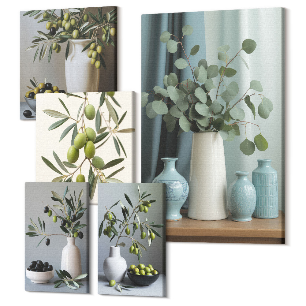 Sada 5 obrazov Zelené olivy vo vázach - štýlové dekorácie do kuchyne