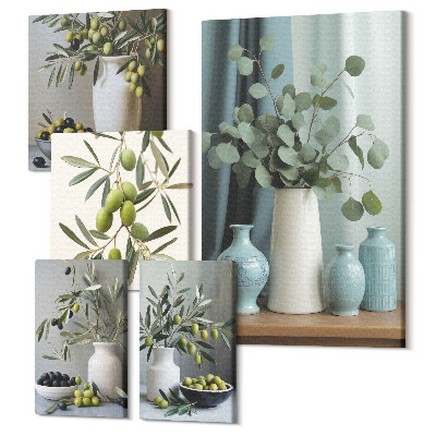 Sada obrazov pentaptych Zelené olivy a kvety v škandinávskom štýle