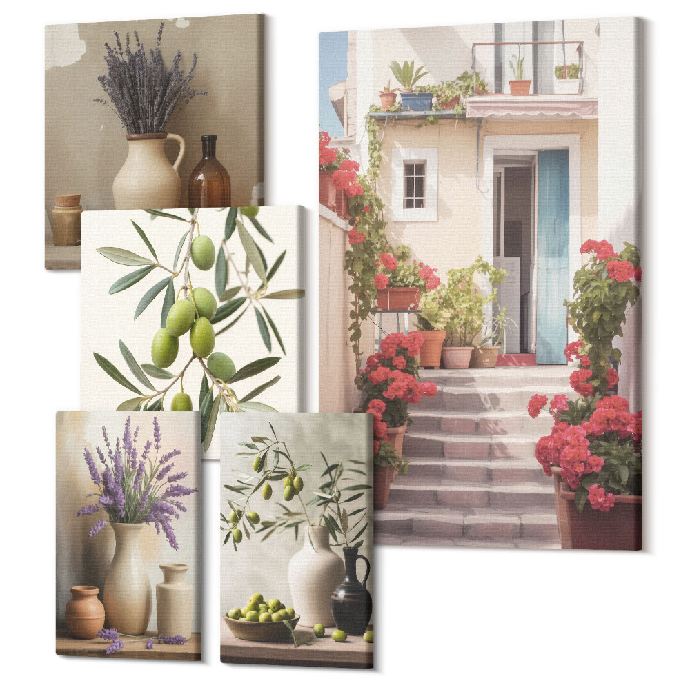 Sada 5 obrazov Štýlové interiéry s kvetmi a ovocím v rustikálnej atmosfére