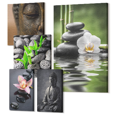 Sada obrazov pentaptych Relaxačná zenová atmosféra s kameňmi a kvetmi
