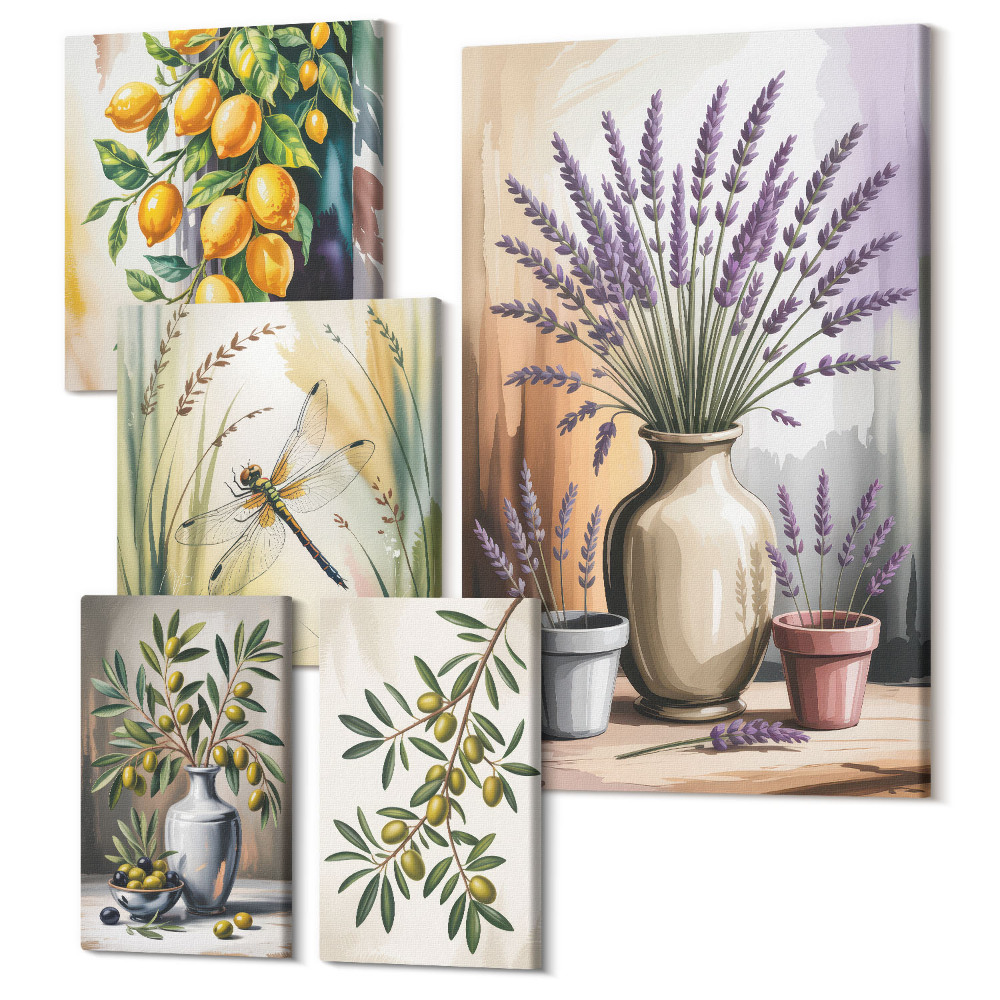 Sada 5 obrazov Kvetinové aranžmány s olivami a citrónmi v rustikálnom štýle