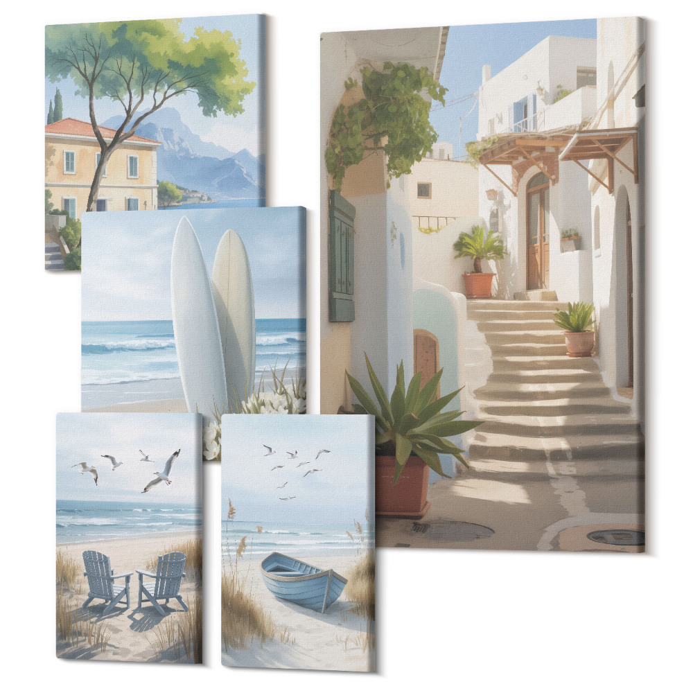 Sada obrazov pentaptych Štýlový výhľad na more s plážami a krajinou