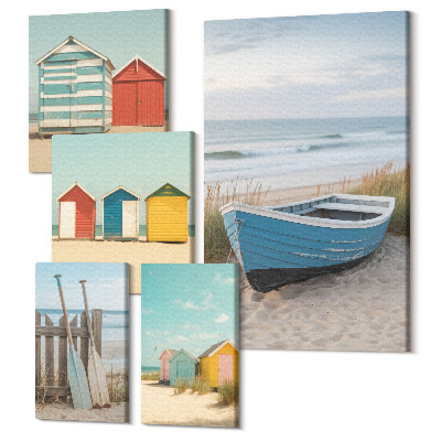 Sada obrazov pentaptych Výhľady na more, farebné domy a člny na pláži