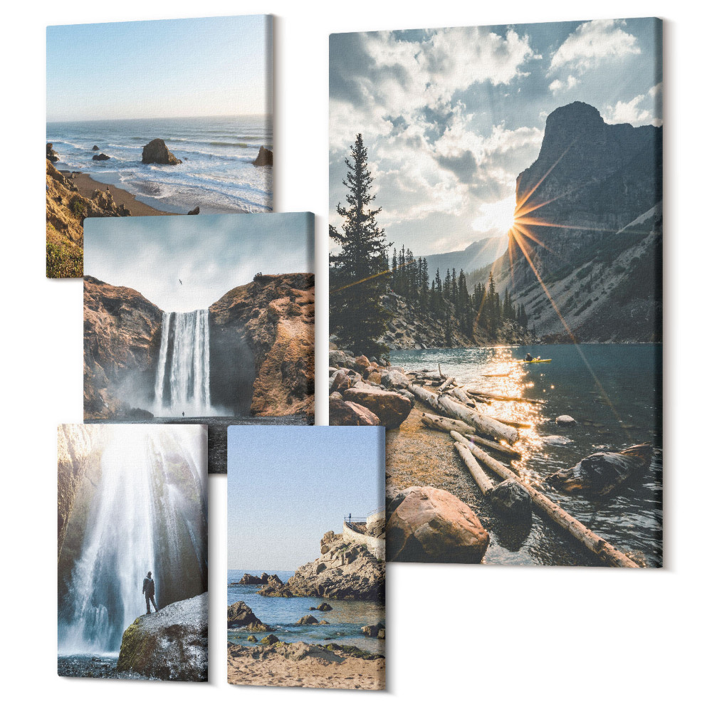 Sada obrazov pentaptych Prírodná krajina s vodopádmi a malebnými plážami