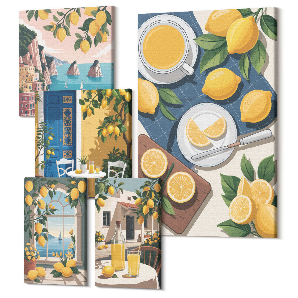 Sada 5 obrazov Motív citróna, sviežosť a letná atmosféra v boho štýle