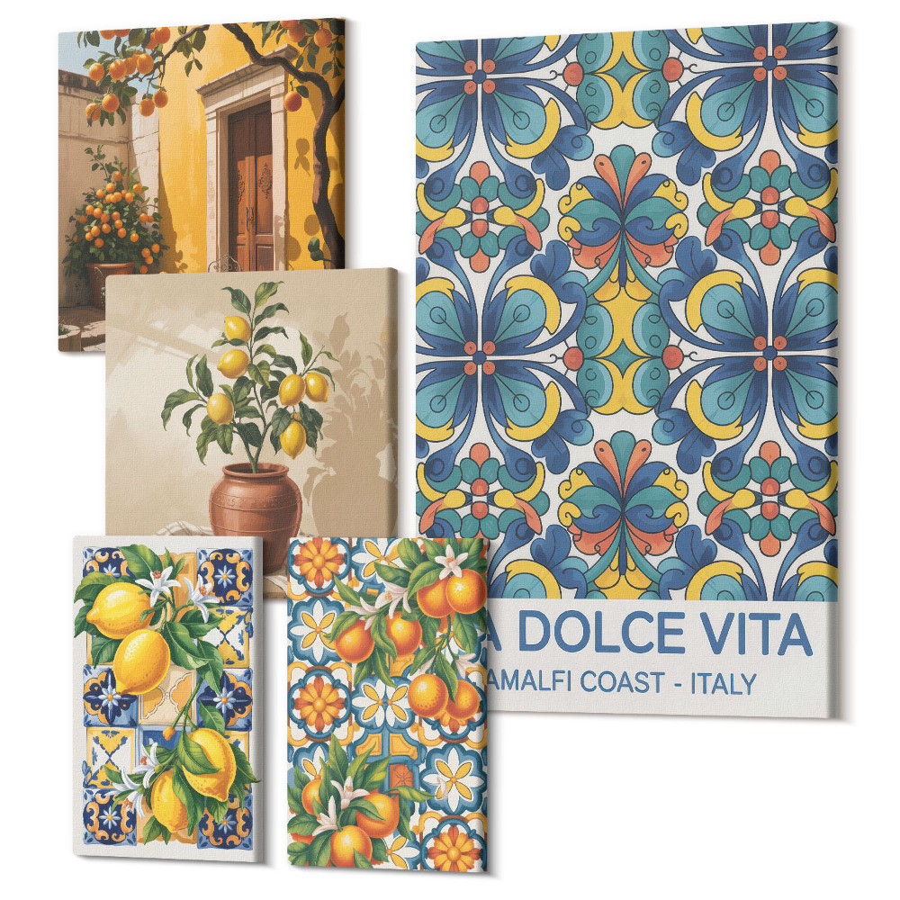 Sada obrazov pentaptych Talianske citrusové motívy v stredomorskom štýle